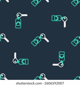 Line House with key icon isolated seamless pattern on black background. The concept of the house turnkey.  Vector