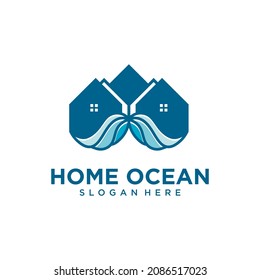 Line house logo with circular house with ocean waves creative beach house logo