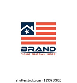 Line House logo vector on American flag. Flat logo design. Abstract House.