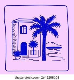 Line House and Palm Tree on Island Illustration. Tropical Travel rest Theme. Outline Sketch Contour Drawn Art. Travel Agency Card Invitation Poster Decoration Design.