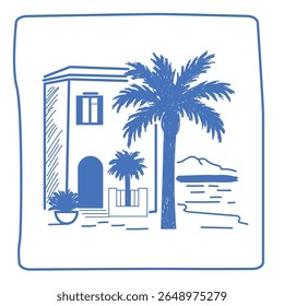 Line House and Palm Tree on Island Illustration. Tropical Travel rest Theme. Outline Sketch Contour Drawn Art. Travel Agency Card Invitation Poster Decoration Design.