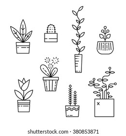 Line house plants icons. Vector set isolated on white