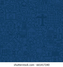 Line House Seamless Pattern. Vector Illustration Of Outline Tile Background. Real Estate Items.