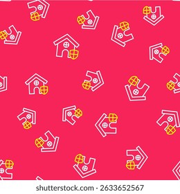 Line House com ícone de escudo isolado padrão sem costura no fundo vermelho. Conceito de seguro. Segurança, segurança, proteção, conceito de proteção.  Vetor