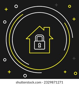 Line House under protection icon isolated on black background. Home and lock. Protection, safety, security, protect, defense concept. Colorful outline concept. Vector