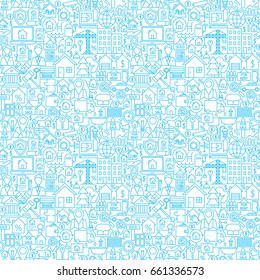 Line House White Seamless Pattern. Vector Illustration of Outline Tile Background. Real Estate Items.