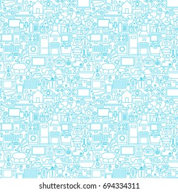 Line Household White Seamless Pattern. Vector Illustration of Outline Background.