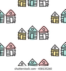Line houses scandinavian ornament. Vector hand drawn seamless hut pattern simple linear style with pastel color accents.