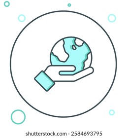 Line Human hand holding Earth globe icon isolated on white background. Save earth concept. Colorful outline concept. Vector