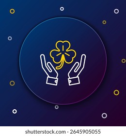 Line Human hands holding four leaf clover icon isolated on blue background. Happy Saint Patrick day. Colorful outline concept. Vector