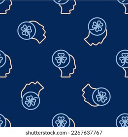 Line Human head with clover trefoil leaf icon isolated seamless pattern on blue background. Happy Saint Patricks day. National Irish holiday.  Vector