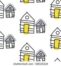 Line hut houses scandinavian ornament. Vector hand drawn seamless pattern simple linear style with yellow and grey spots.