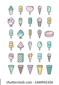 Line ice cream icons set. Creative color food shapes isolated on white background. Delicious vector illustration.