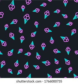 Line Ice cream in waffle cone icon isolated seamless pattern on black background. Sweet symbol.  Vector Illustration