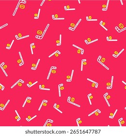Line Ice hockey stick and puck icon isolated seamless pattern on red background.  Vector