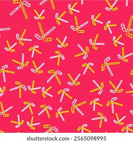 Line Ice hockey sticks icon isolated seamless pattern on red background.  Vector