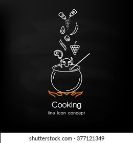 Line ico design of web banner template with outline icons of master class for culinary art cooking process.Modern vector illustration concept for website or infographics.