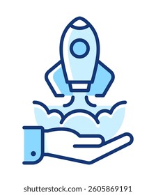 Line icon about hand holding rocket. Startup launch concept. Editable stroke in blue colors. White background.
