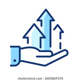 Line icon about hand holding growth business concept. Editable stroke in blue colors. White background.