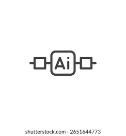 Line icon of AI chip with horizontal connectors. Outline vector icon symbolizing machine learning circuits and processor links. Smart system icon.