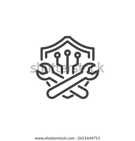 Line icon of AI chip and shielded circuitry. Outline vector icon symbolizing AI security tools, protection, and threat detection. Clean digital icon symbol.
