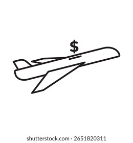 Line icon of an airplane with a dollar symbol, symbolizing travel savings, vacation budgeting, or expenses for trips and holidays.