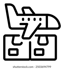 Line icon of an airplane flying over two cardboard boxes representing fast shipping worldwide