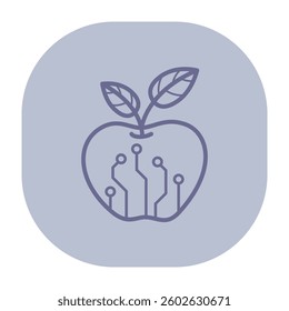 Line icon of apple integrated with digital circuitry. Fusion of nature and technology concept