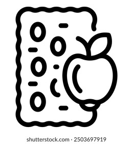 Icono de línea de una manzana superpuesta a un paquete de píldoras que representan el concepto de vitaminas en las frutas