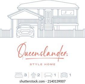 Line Icon Of An Australian Queenslander Style Home With A Hand Written Font And Icons For Bed Bath Living Car