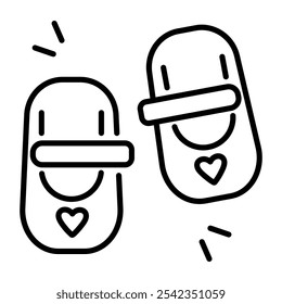 A line icon of baby shoes with hearts on them