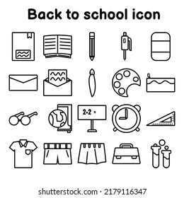 Line icon of back to school concept. Learning symbols isolated on white background. Student stationery supplies vector illustration.