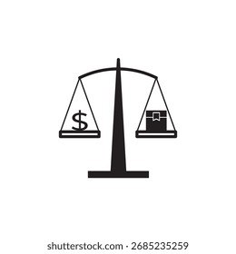 Line icon of a balance scale with a dollar sign and a package, symbolizing financial value, cost-benefit analysis, or e-commerce pricing. Ideal for app, websites, and infographics on trade or economy.