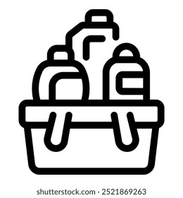 Icono de línea de una cesta llena de productos de limpieza, ideal para representar los servicios de limpieza