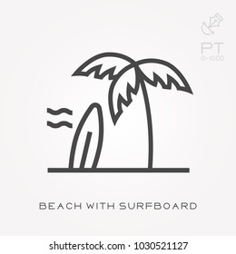 Line icon beach with surfboard