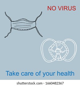 Line icon of a black medical mask, a white respirator on a gray-blue background, text "No virus, Take care of your health". The concept of a healthcare poster for prevention, information, advertising