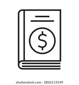 Line icon of a book with a dollar sign on the cover. Represents an accounting ledger, financial rulebook, or business manual.