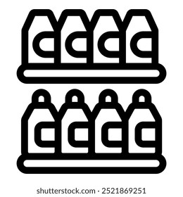 Line icon of bottles standing on supermarket shelf with price tag below, grocery shopping concept