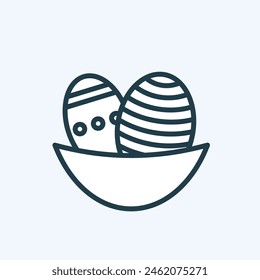 Line icon of a bowl filled with fun decorated Easter eggs. Dyed eggs with texture – celebration symbol. Outline pictogram. Editable stroke. For decoration, web design, mobile app. Isolated vector