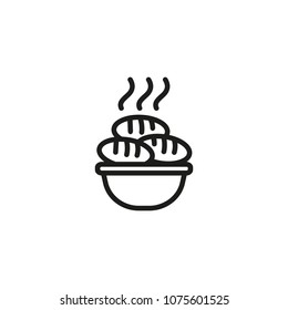 Line icon of bowl with hot patties. Zrazy, cutlets, homemade meal. Dish concept. For topics like food, menu, cooking