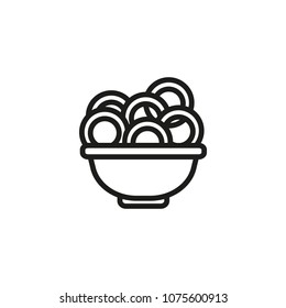 Line icon of bowl with squid rings. Junk food, snack, onion rings. Meal concept. For topics like food, menu, unhealthy eating