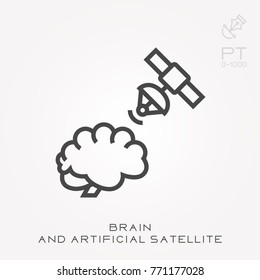 Line icon brain and artificial satellite