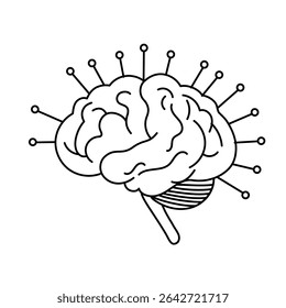 Lijnpictogram van de hersenen met gelijkmatig verspreide circuitlijnen, die een gebalanceerd AI-neuraal netwerk en gegevenscontrole symboliseren.
