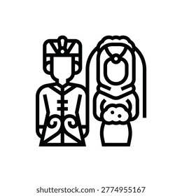 Line icon of bride and groom in traditional wedding attire with ornate headdresses. Black outline vector representing cultural marriage ceremony, heritage, and Asian nuptials.