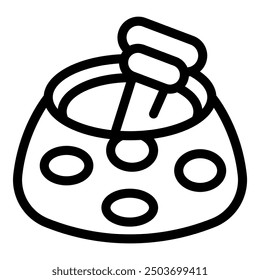 Line icon of a bucket filled with cement with an electric mixer dipped in