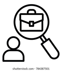 A line icon of business bag under magnifier with man, job search concept