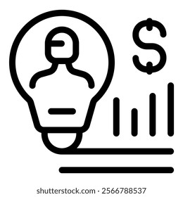 Line icon of a businessman inside a light bulb with a growing chart and a dollar sign, representing successful business ideas