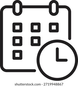 Ícone de linha do calendário com relógio, bold outline, horário de cozimento para o Dia da Panqueca