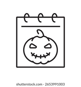 Ícone de linha de um calendário marcado com um jack-o’-lantern face para lembrete de dia de Halloween. Ideal para cronogramas de eventos assustadores ou conteúdo sazonal. Ícones de estrutura de tópicos Coleção. traçado editável