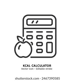 Line icon of calories count, diet app for nutrition and dieting, weight loss calculator. Flat outline icon of using diet app for meal plan. Vector illustration